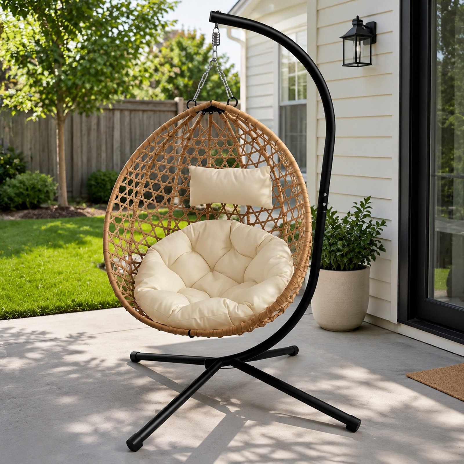 Yellow rattan hanging egg chair with beige cushion on a modern American backyard patio