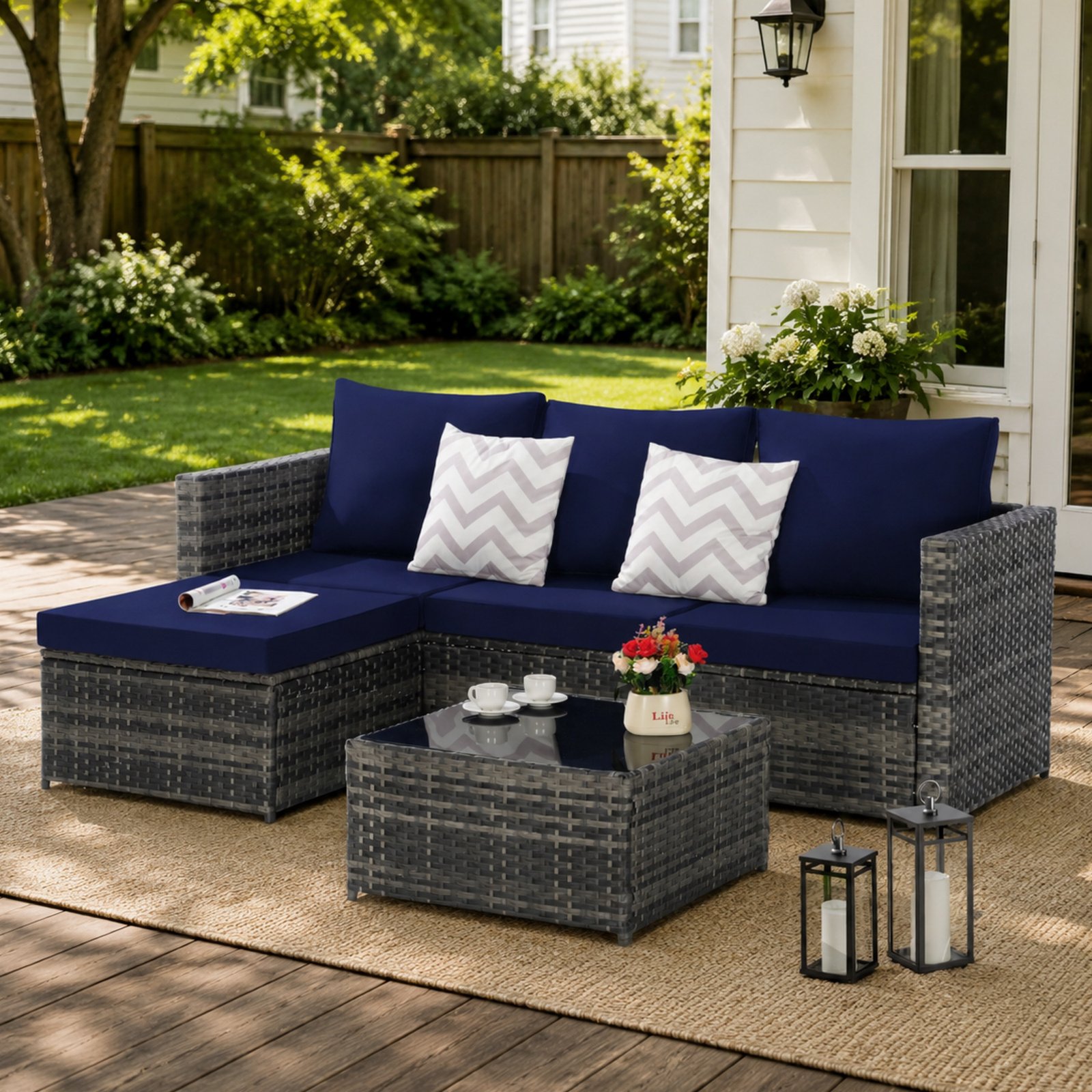 2-Piece L-shaped wicker patio furniture set with dark blue cushions, sectional sofa with ottoman and detachable coffee table for backyard and poolside seating