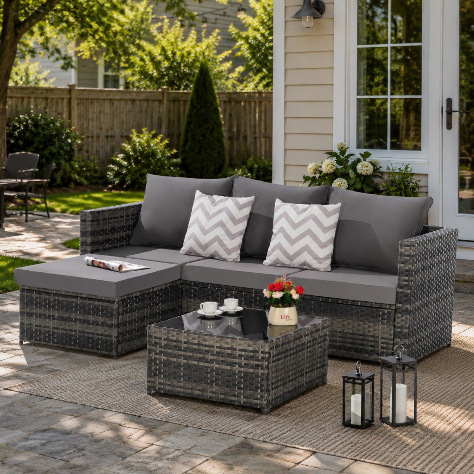 2-Piece L-Shaped Wicker Patio Furniture Set with Dark Gray Cushions, Sectional Sofa with Ottoman and Detachable Table, ideal for backyard and poolside lounging