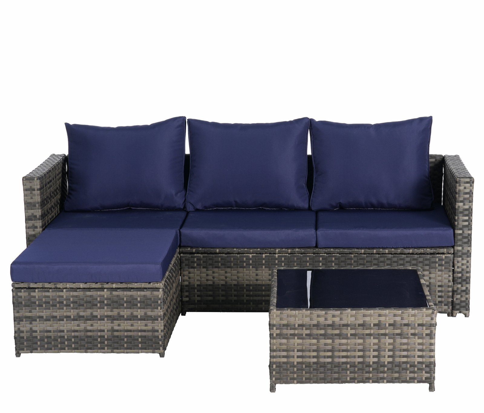 2-Piece L-shaped wicker patio furniture set with dark blue cushions, ottoman and detachable coffee table on white background