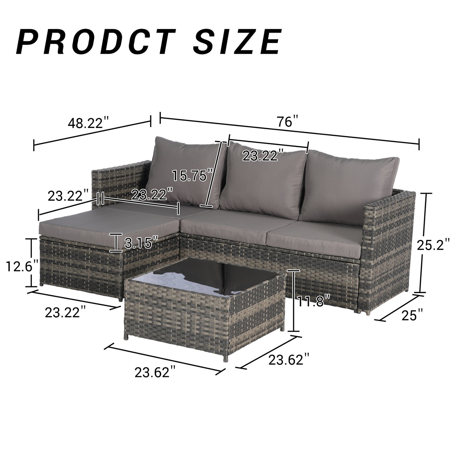 Dimensions of 2-Piece L-shaped wicker patio furniture set with dark gray cushions, sectional sofa, attached ottoman, and detachable coffee table