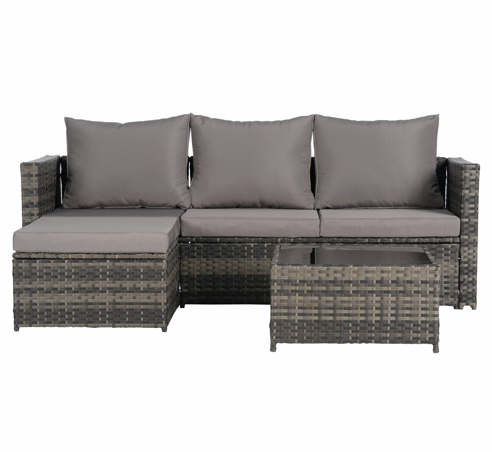2-Piece L-shaped wicker patio furniture set with dark gray cushions, attached ottoman and detachable coffee table on a white background