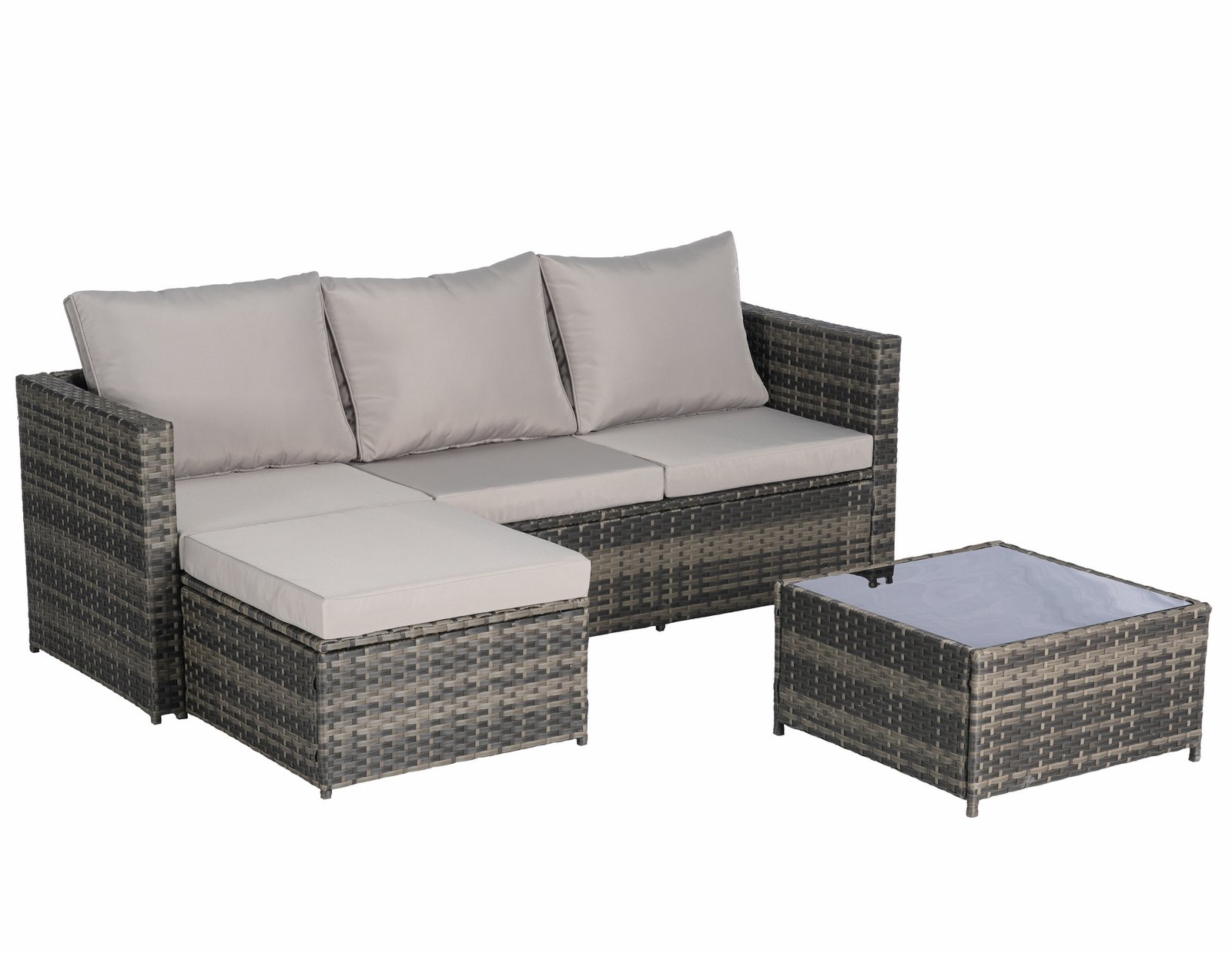 2-Piece L-shaped wicker patio furniture set with light gray cushions, attached ottoman and detachable coffee table on a white background