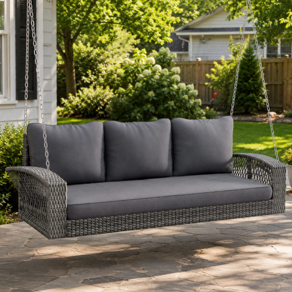 69 inch 3 person wicker porch swing with chains and cushions for outdoor patio backyard and poolside