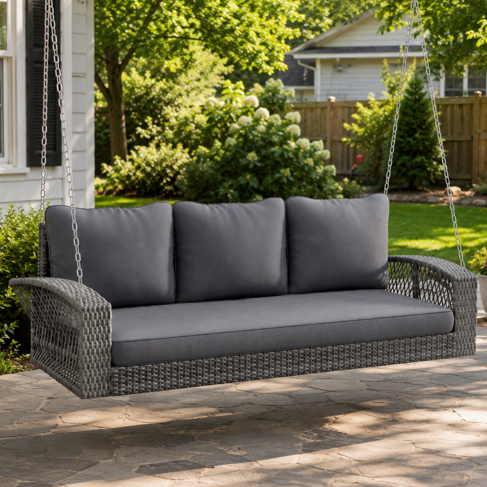 69 inch 3 person wicker porch swing with chains and cushions for outdoor patio backyard and poolside