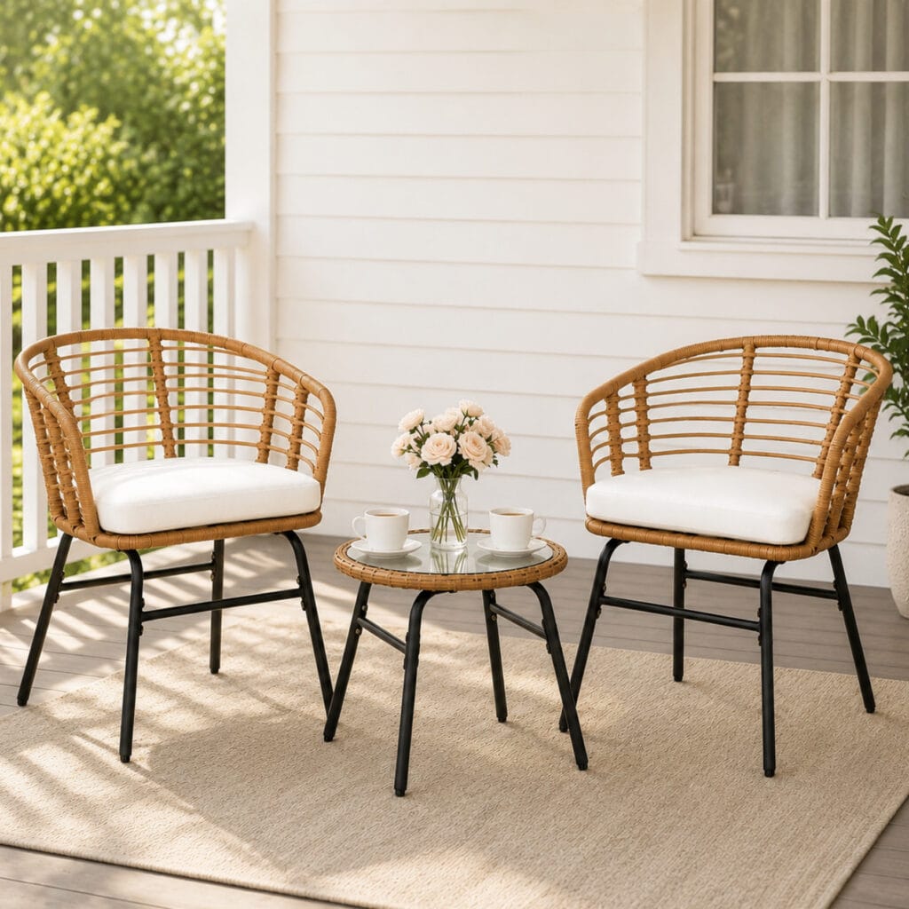 3-piece PE rattan patio bistro set with cushions and glass table outdoor conversation furniture set for balcony porch and garden in a clean lifestyle scene.
