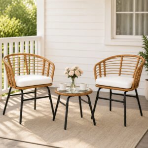 3-piece PE rattan patio bistro set with cushions and glass table outdoor conversation furniture set for balcony porch and garden in a clean lifestyle scene.