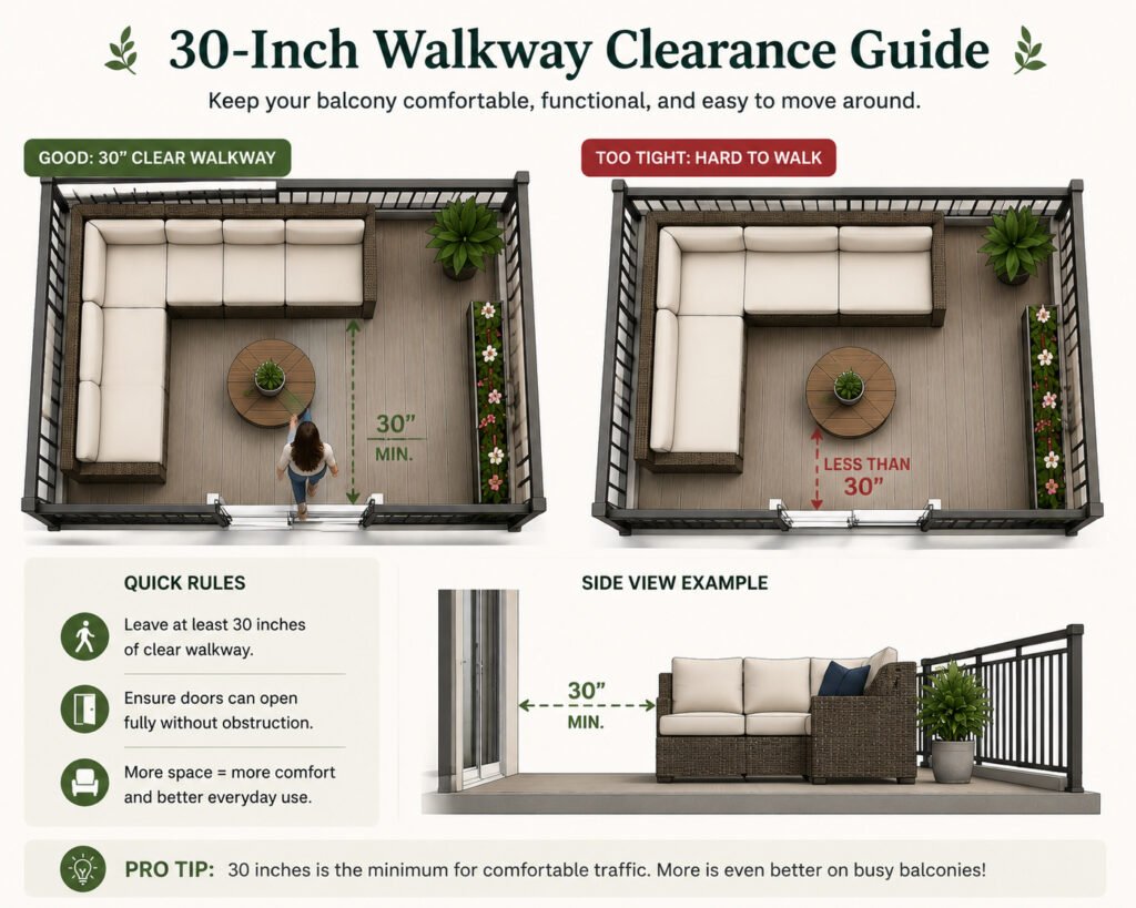 Diagram showing recommended 30-inch walkway clearance around an L-shaped rattan outdoor sectional on a small apartment balcony, compared with a cramped layout that restricts movement.