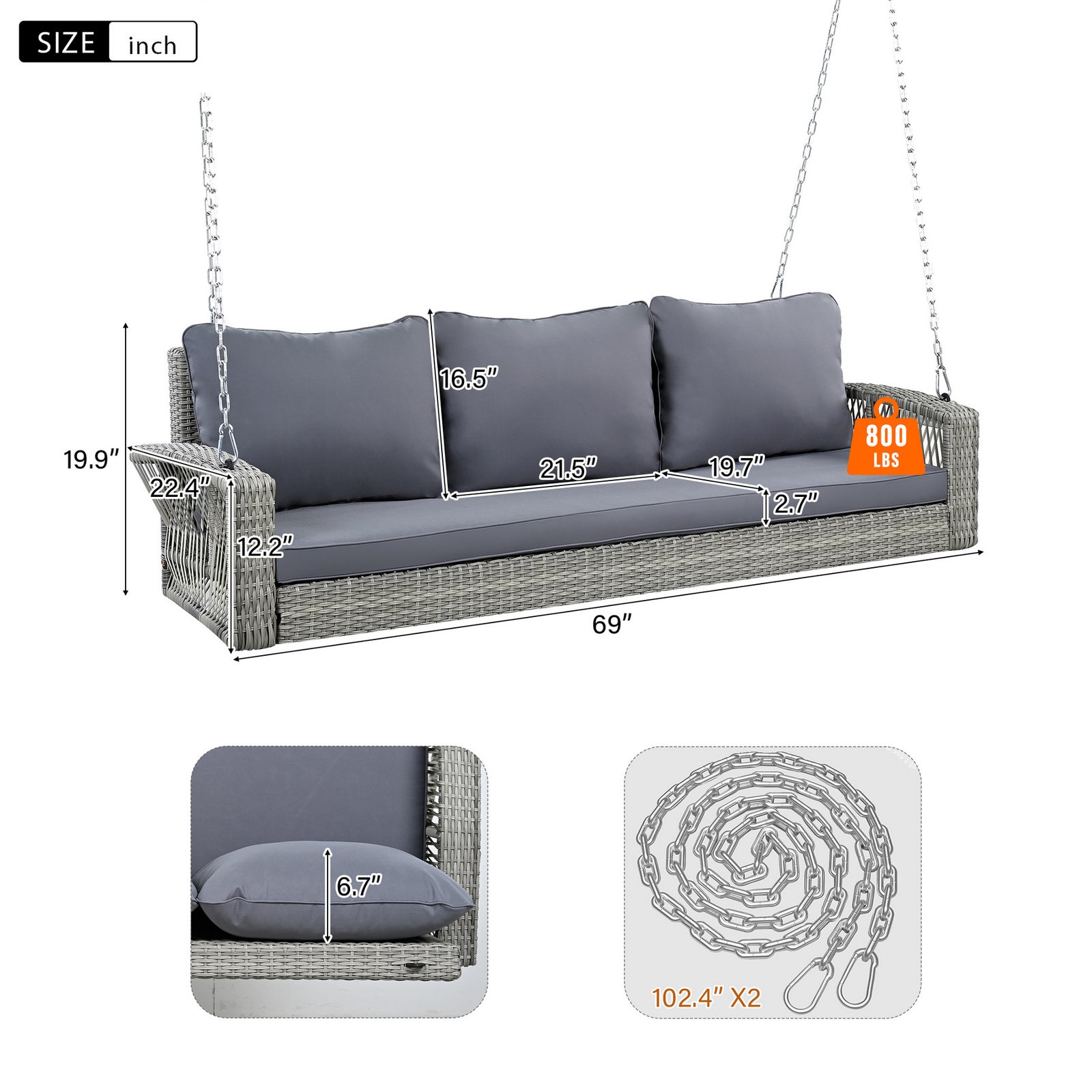 Dimensions of 69-inch 3-person wicker porch swing with chains, showing overall size, 800 lbs weight capacity, and hanging chain length.