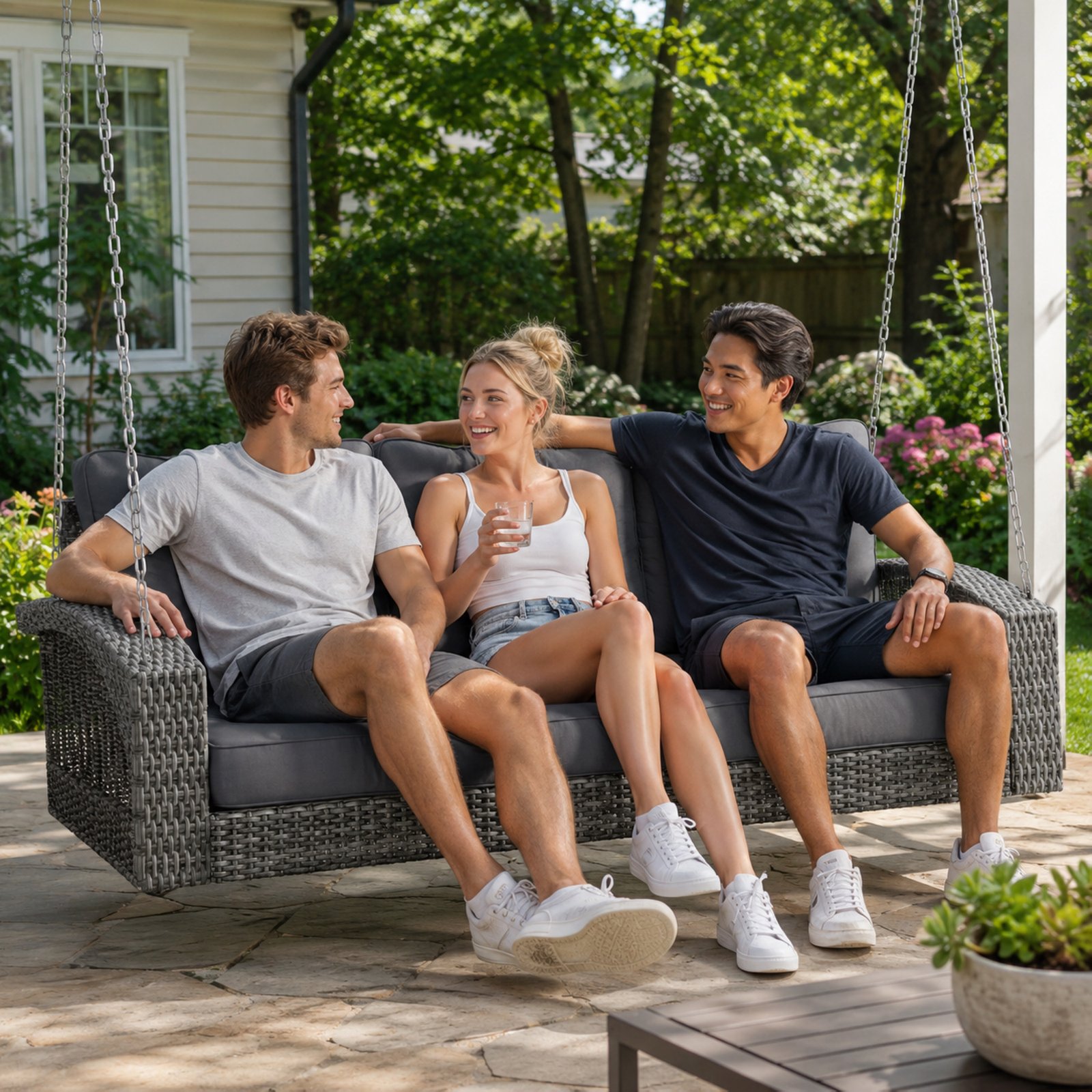 Three adults relaxing on a 69-inch 3-person wicker porch swing with gray cushions in a backyard patio setting.