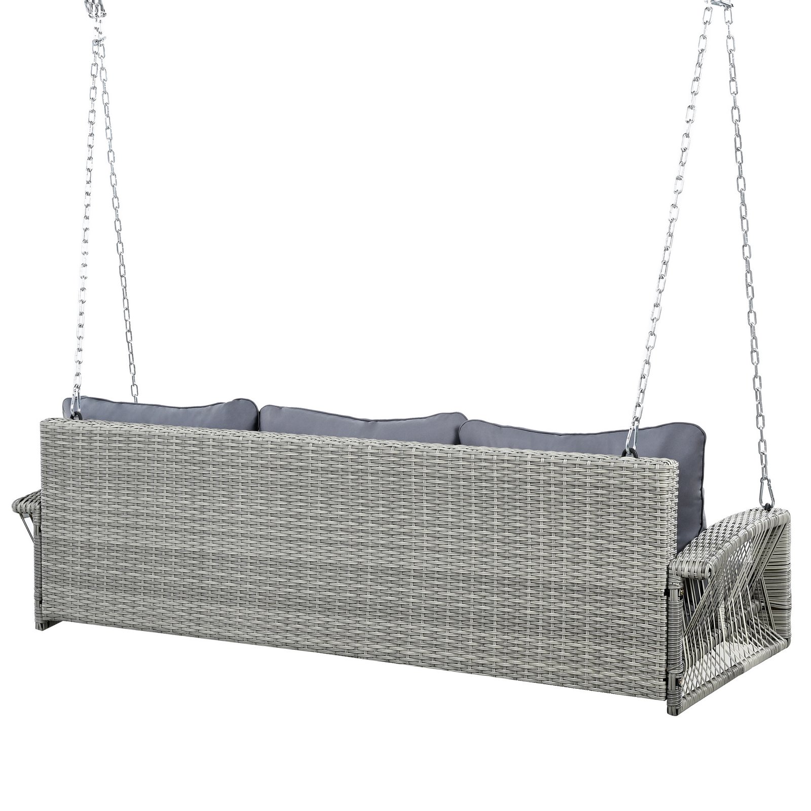 Rear view of 69-inch 3-person wicker porch swing with gray cushions and hanging chains on white background