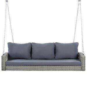 69-inch 3-person wicker porch swing with gray cushions and hanging chains on white background