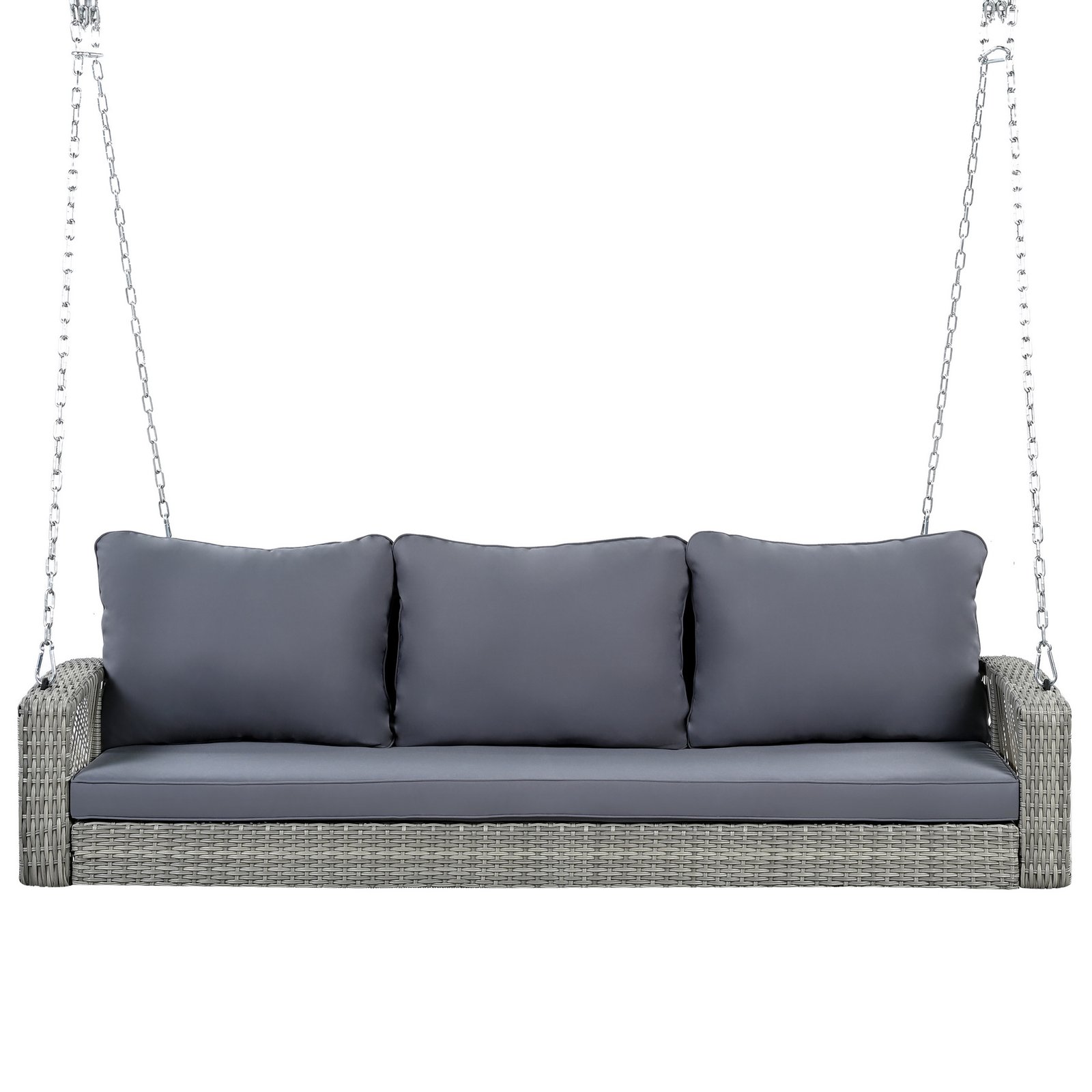 69-inch 3-person wicker porch swing with gray cushions and hanging chains on white background