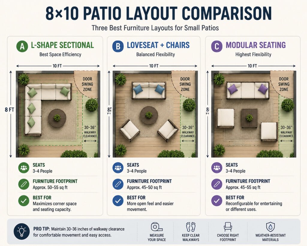 8x10 patio layout comparison showing L-shaped sectional, loveseat with chairs, and modular seating arrangement for small outdoor spaces with clearance rules