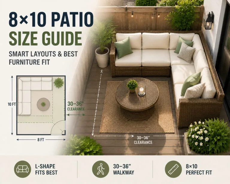 8x10 patio layout showing usable space, L-shaped sectional sofa placement, and clearance rules for small outdoor patio furniture