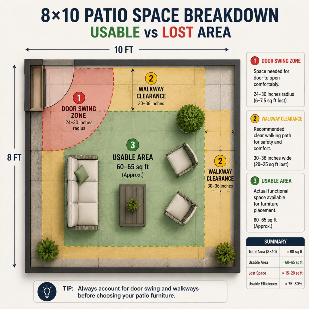 8x10 patio layout diagram showing usable space versus lost space including door swing area, walkway clearance, and furniture placement zones for outdoor rattan furniture planning