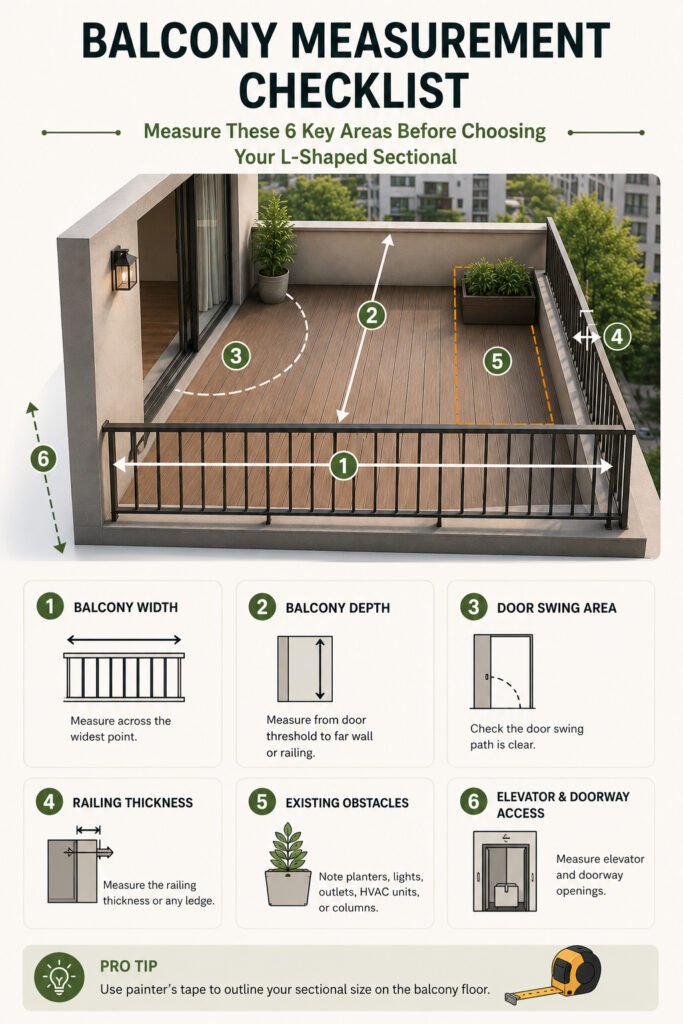 Measurement checklist for selecting the right size L-shaped rattan outdoor sectional on a small apartment balcony, including balcony dimensions, door clearance, and obstacle spacing.