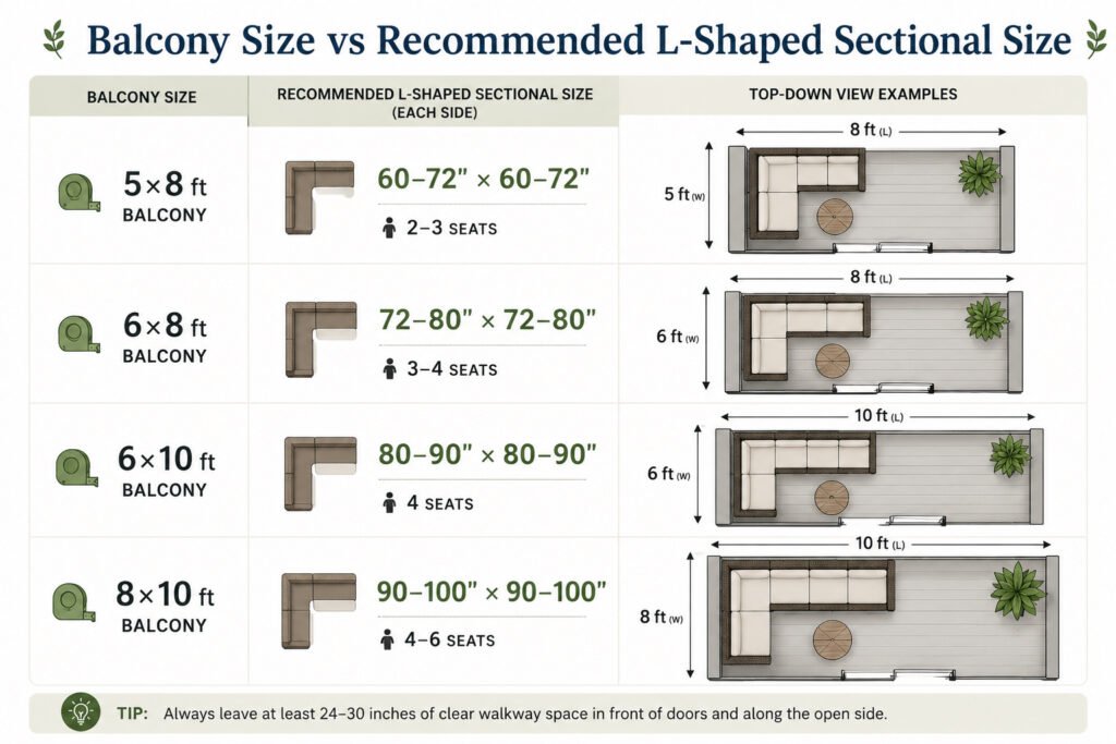 Chart comparing common apartment balcony sizes and recommended L-shaped rattan sectional dimensions for small outdoor spaces.