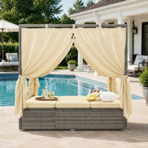 Beige adjustable outdoor sun lounger with canopy and cushions, multi-position reclining patio daybed for poolside, garden, and backyard relaxation