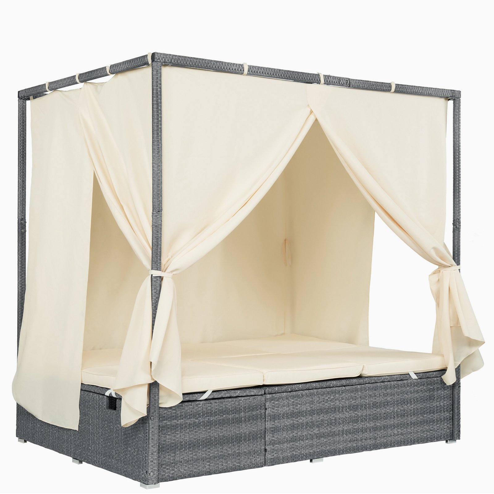 Beige adjustable outdoor sun lounger with canopy side view showing reclining patio daybed design for poolside and garden relaxation