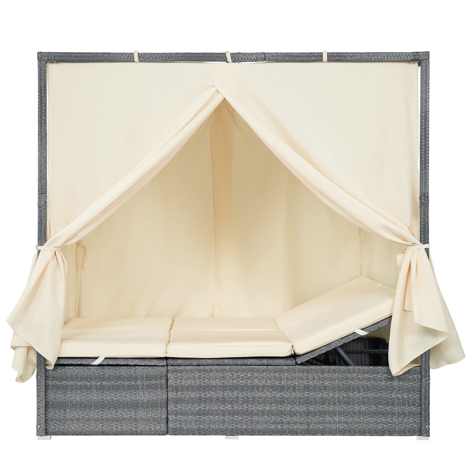 Beige adjustable outdoor sun lounger with canopy fully lowered for shade on white background