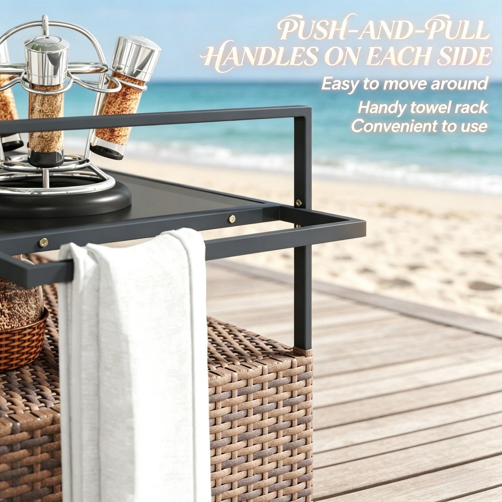 Brown mix rattan outdoor storage cart with push and pull handles on both sides, featuring easy mobility and towel rack design for patio use