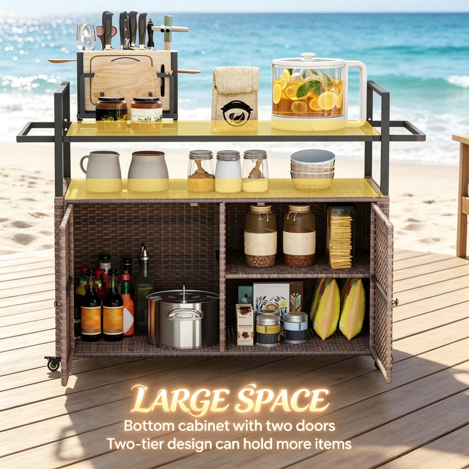 Brown mix rattan outdoor storage cart with large bottom cabinet, double doors, and two-tier storage design for patio and garden use