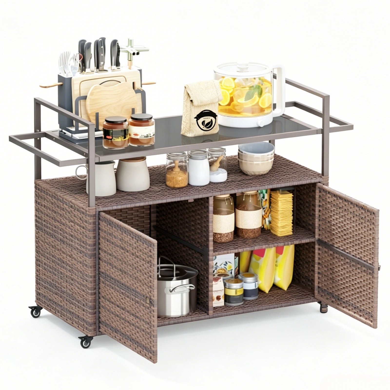 Brown mix rattan outdoor storage cart with wheels and glass top, white background product image for patio bar cart and buffet storage cabinet