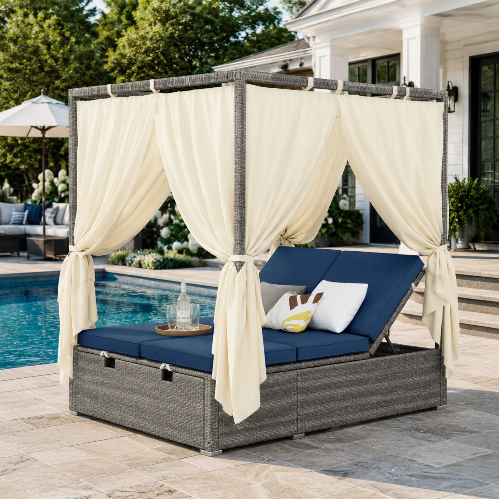 Dark blue adjustable outdoor sun lounger with canopy, multi-position reclining patio daybed with cushions for poolside, garden, and backyard relaxation