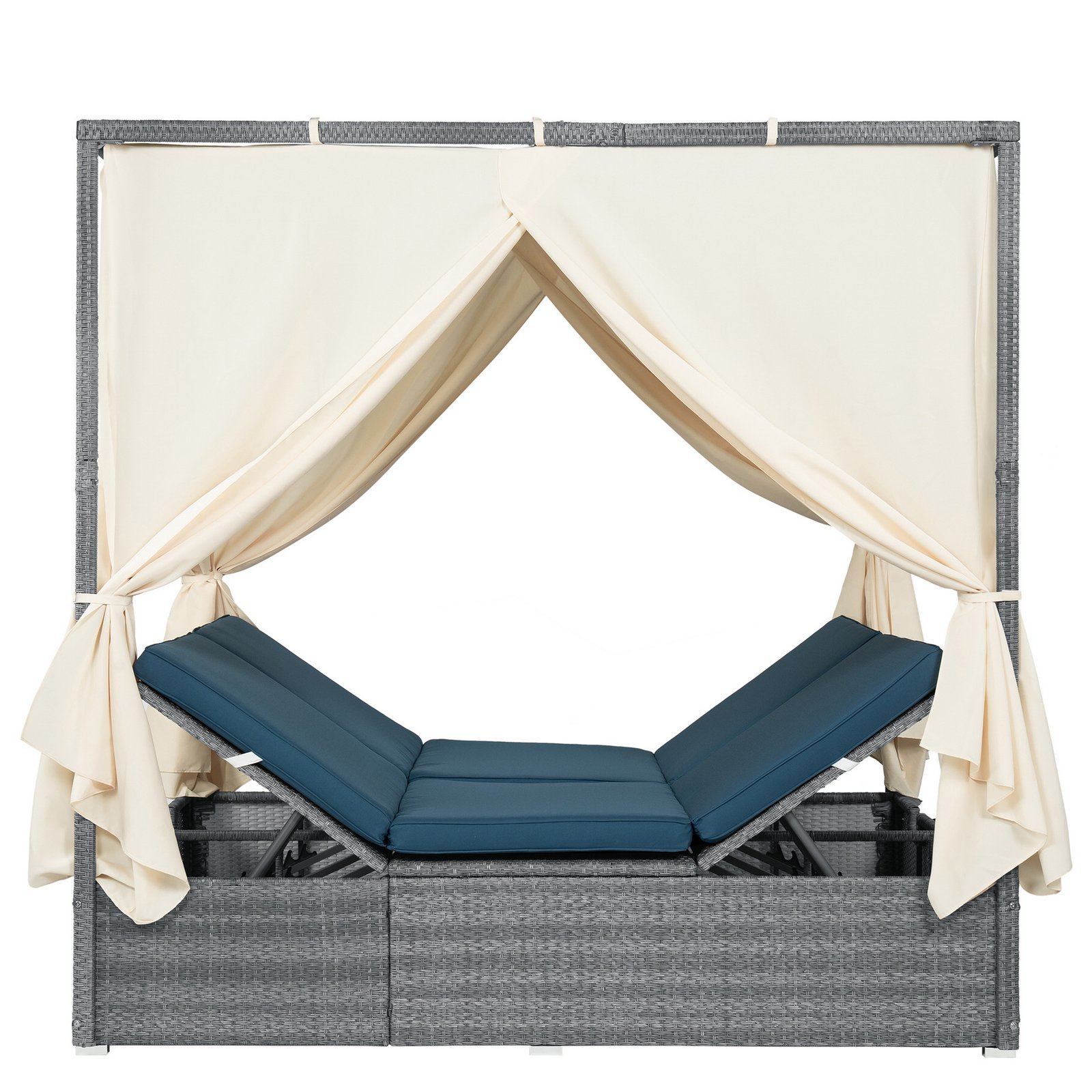 Dark blue adjustable outdoor sun lounger with canopy showing both backrests raised in multi-position reclining configuration