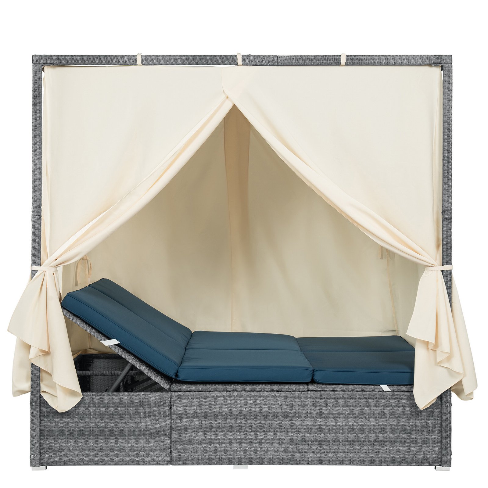 Dark blue adjustable outdoor sun lounger with canopy showing one backrest partially raised for lounging on white background