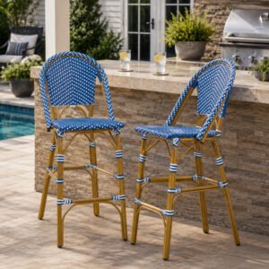 Dark teal and white French bistro outdoor bar stools with bamboo-finish aluminum frame beside a backyard patio bar, set of 2