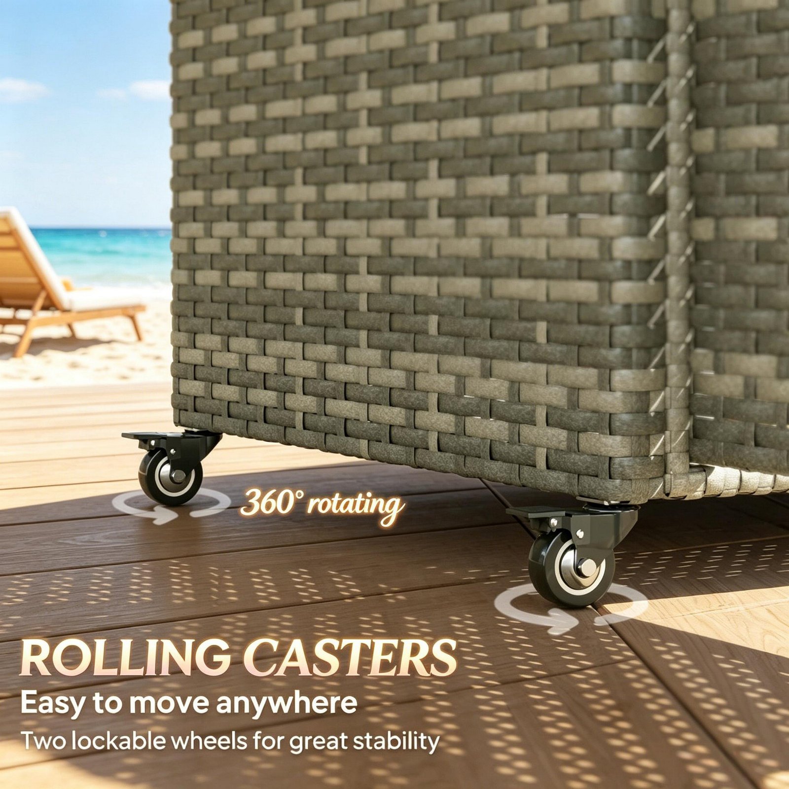 Gray rattan outdoor storage cart with 360° rotating wheels, lockable casters, and easy mobility for patio and outdoor use