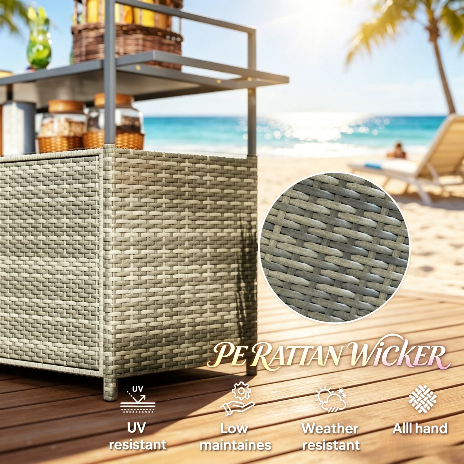 Gray rattan outdoor storage cart made of PE wicker and steel frame, showing UV resistant and weather resistant material detail for patio use