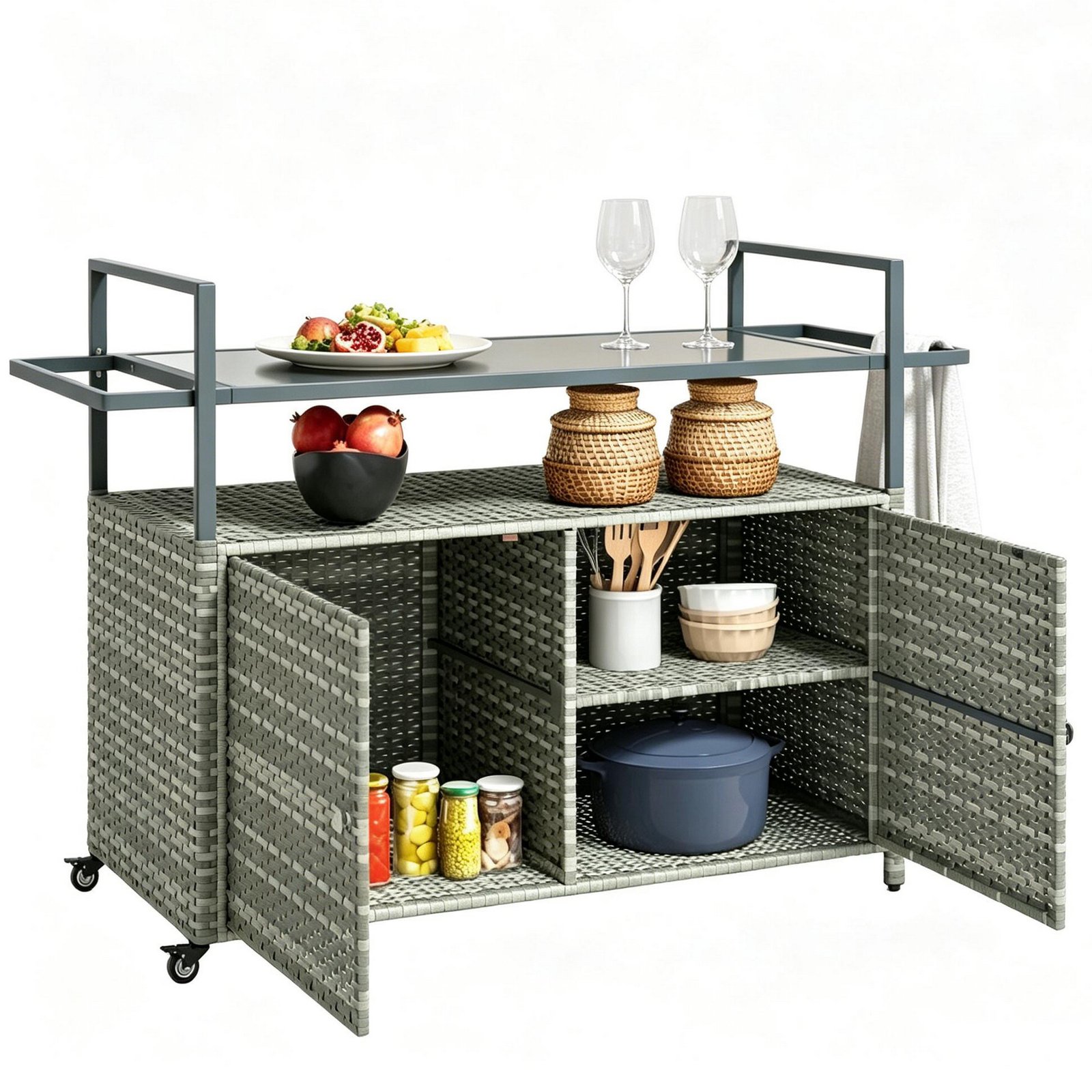 Gray rattan outdoor storage cart with wheels and glass top, white background product image for mobile bar cart and buffet cabinet