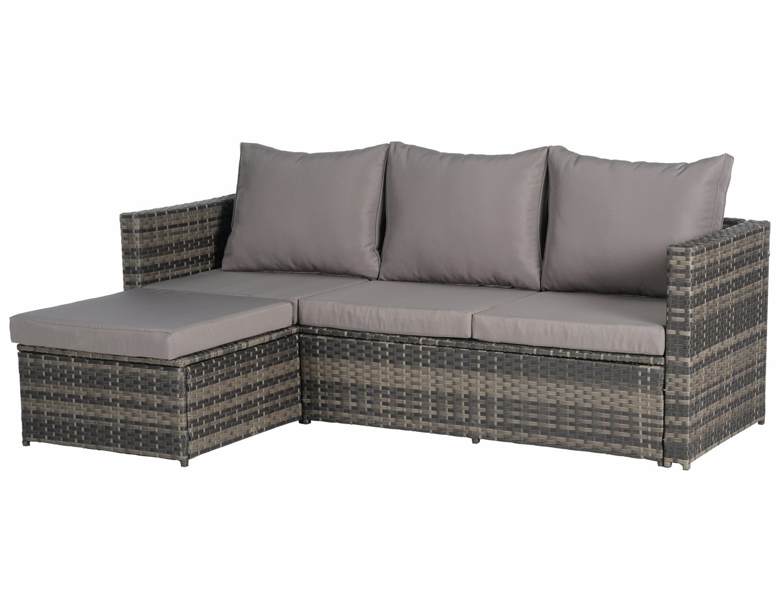 L-shaped wicker patio sofa with dark gray cushions from 2-piece sectional furniture set on a white background