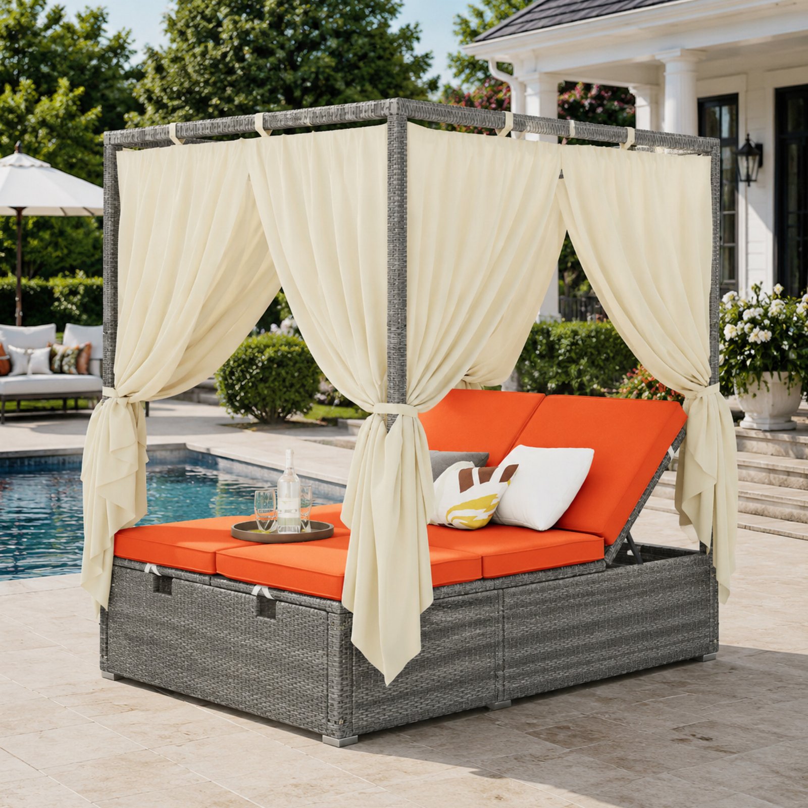 Orange adjustable outdoor sun lounger with canopy, multi-position reclining patio daybed with cushions for poolside, garden, and backyard relaxation