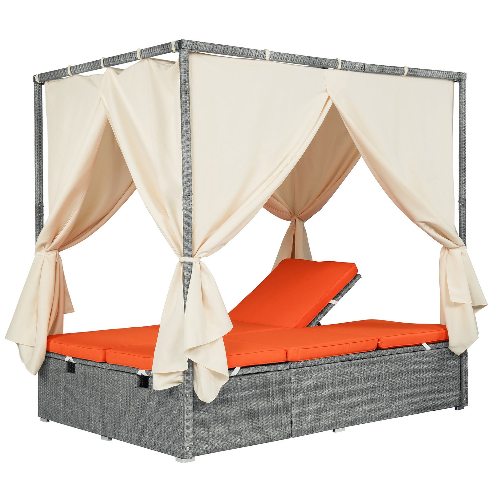 Orange adjustable outdoor sun lounger with canopy showing one seat reclined and one seat flat on a white background