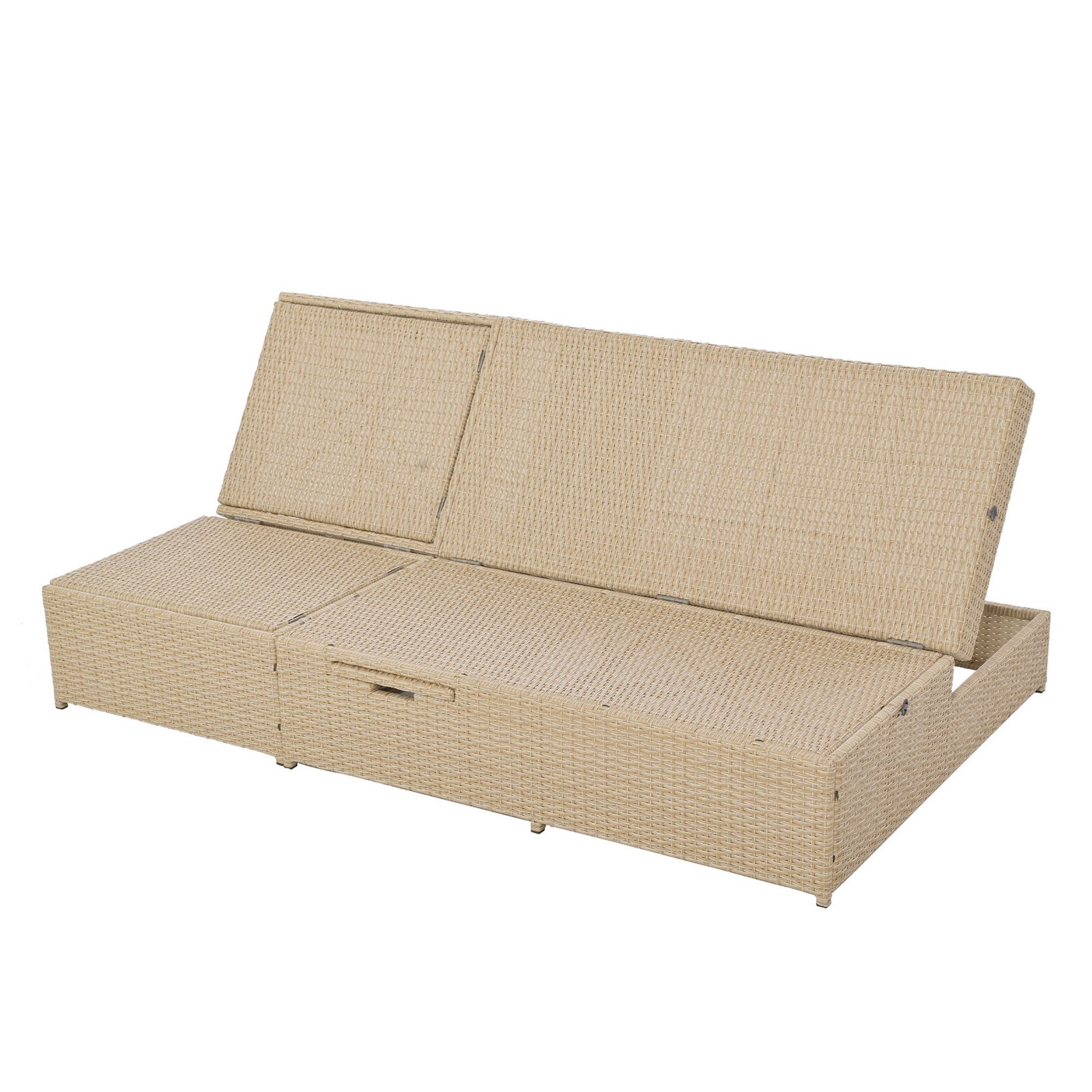 Side view of brown outdoor double sunbed without cushions, showing the adjustable backrest in an elevated reclining position.