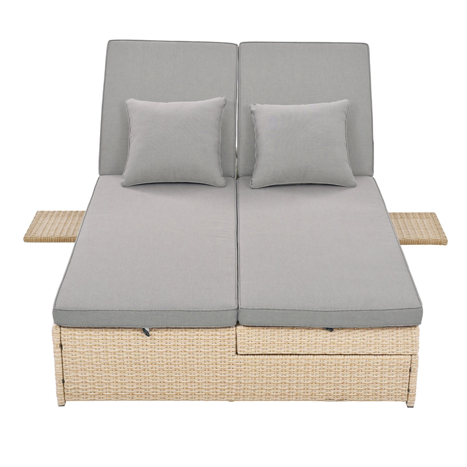 Front view of brown outdoor double sunbed with cushions, adjustable backrests, and side cup trays for patio and poolside use.