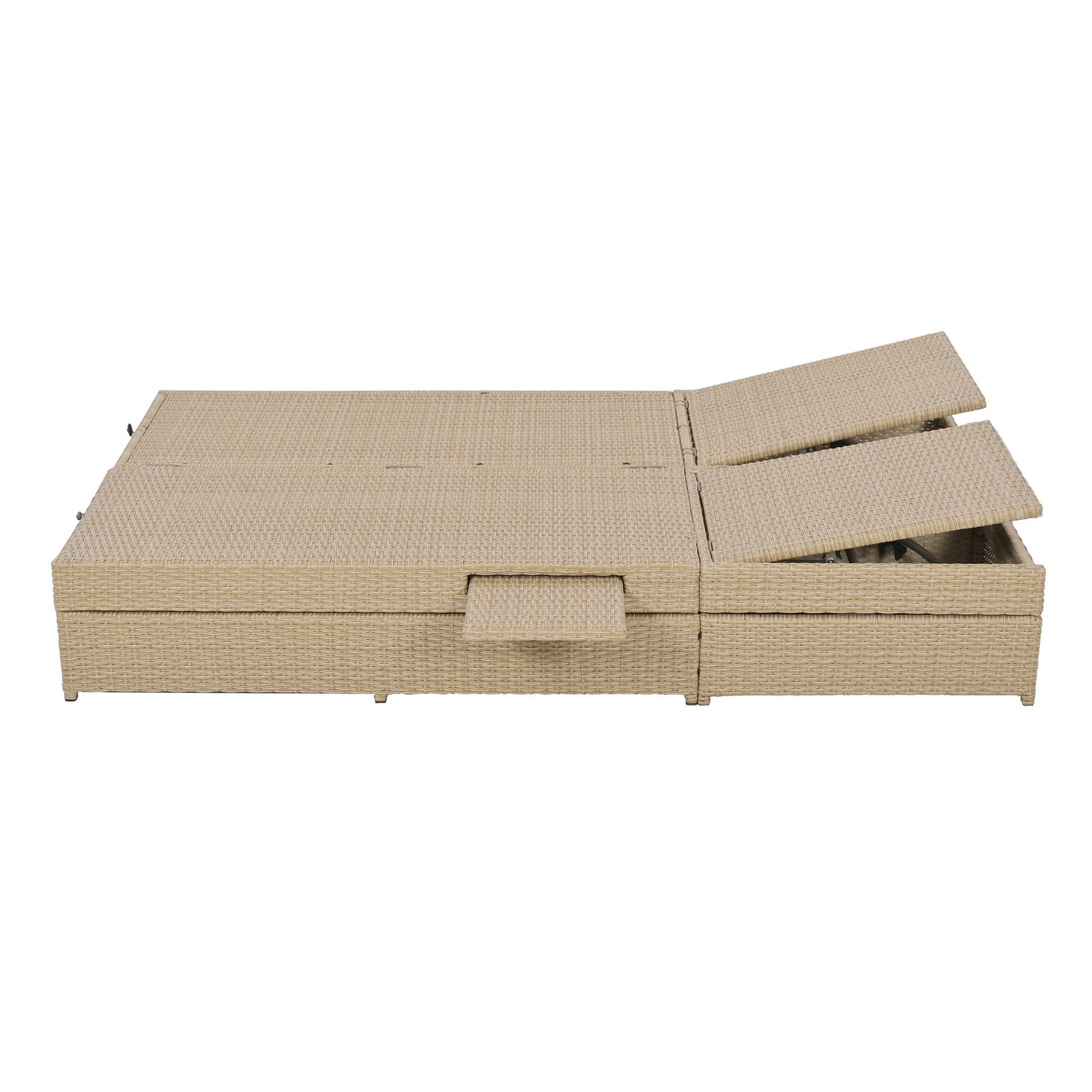 Brown outdoor double sunbed without cushions, showing the fully flat reclining backrests and handwoven PE rattan frame.