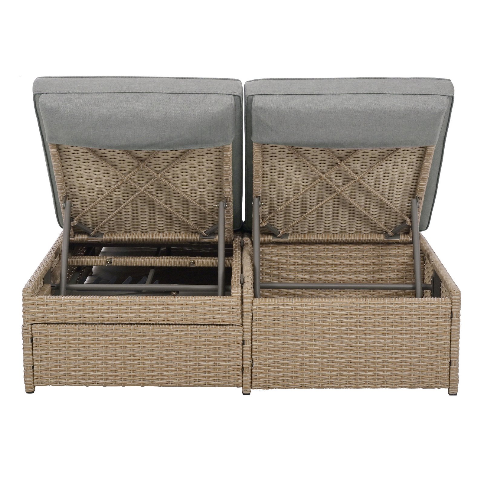 Rear view of brown outdoor double sunbed with adjustable backrest raised, showing the reclining support structure and wicker frame.