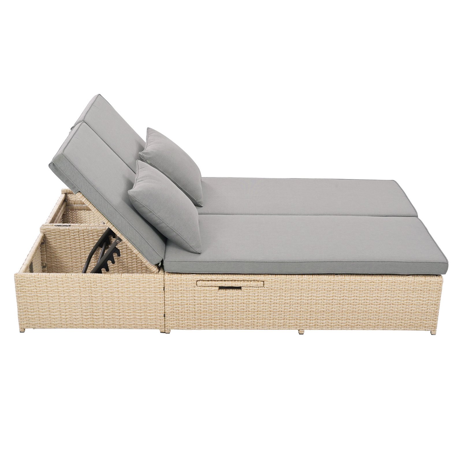 Side view of brown outdoor double sunbed with adjustable backrests, cushions, and built-in side cup trays.