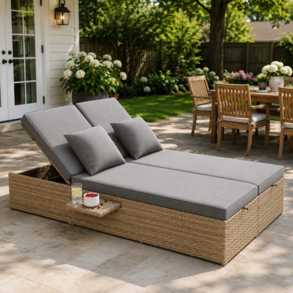 Brown outdoor double sunbed with adjustable backrests, thick cushions, and side cup trays on a backyard patio.