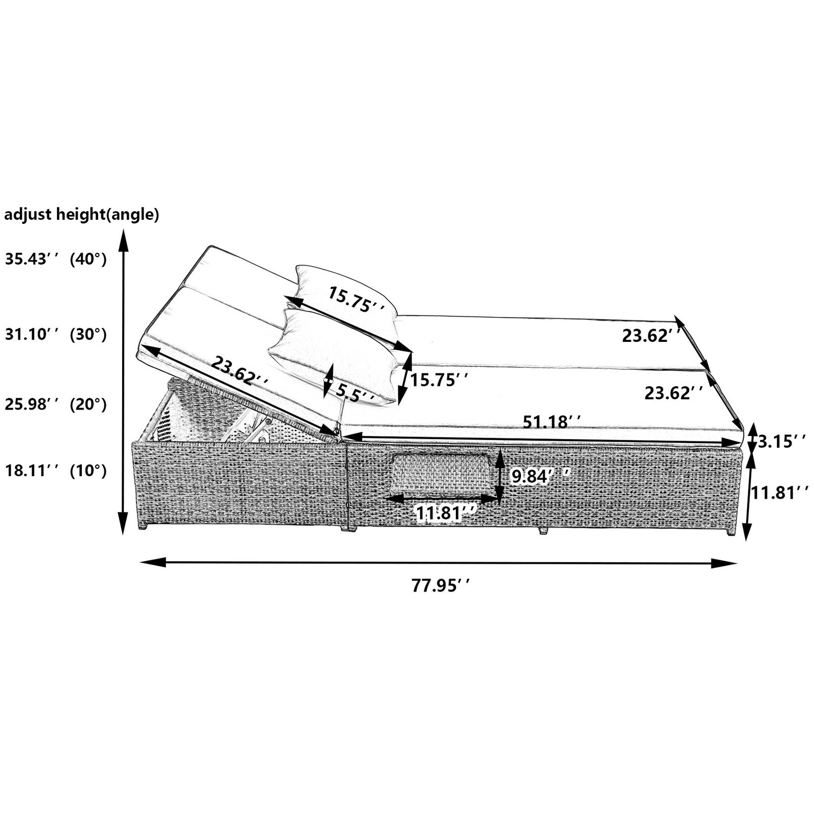 Dimensions of outdoor double sunbed showing overall size, adjustable backrests, cushion thickness, pillow dimensions, and 705 lbs weight capacity.