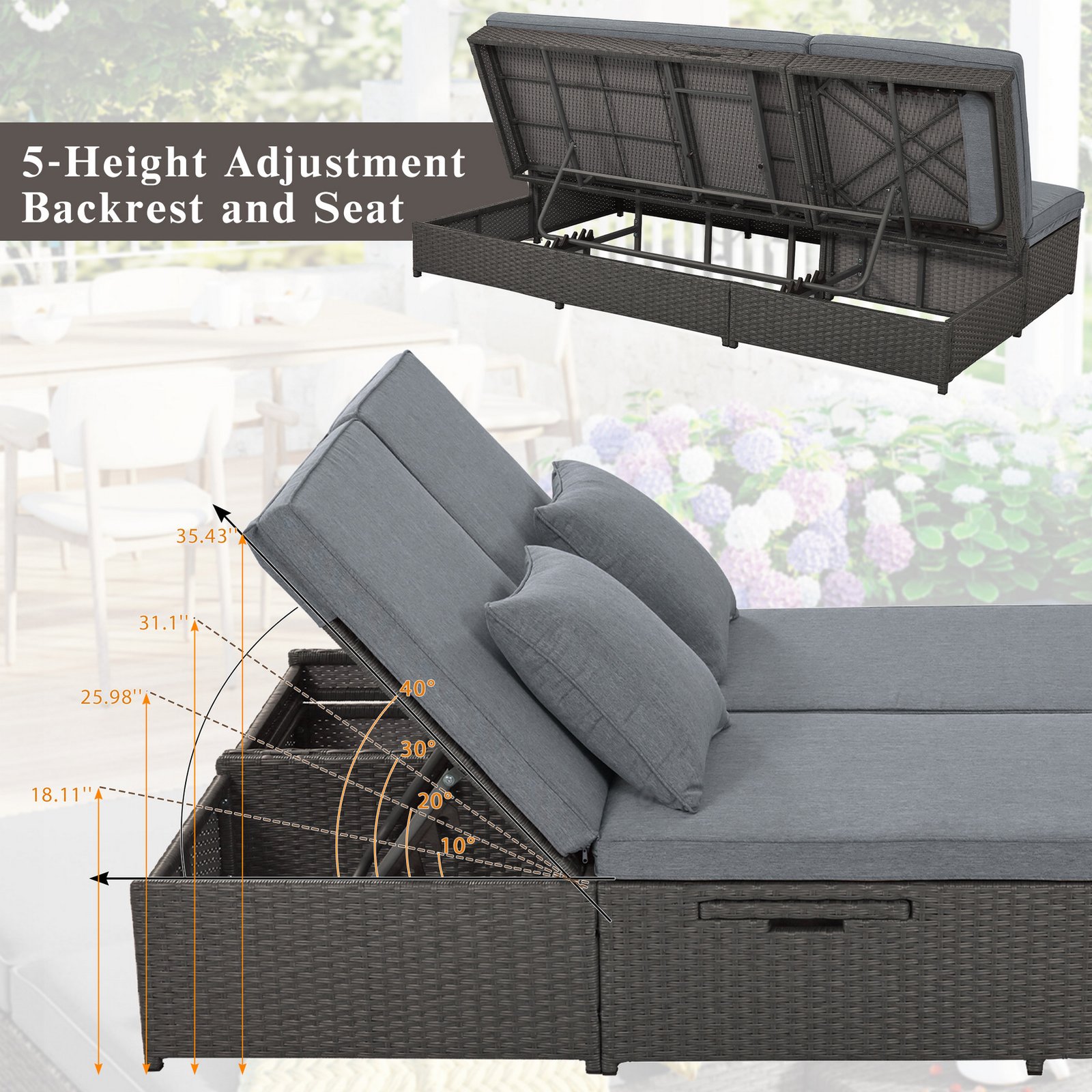 Close-up of the gray outdoor double sunbed showing the 5-position adjustable backrest and seat for customized lounging comfort.