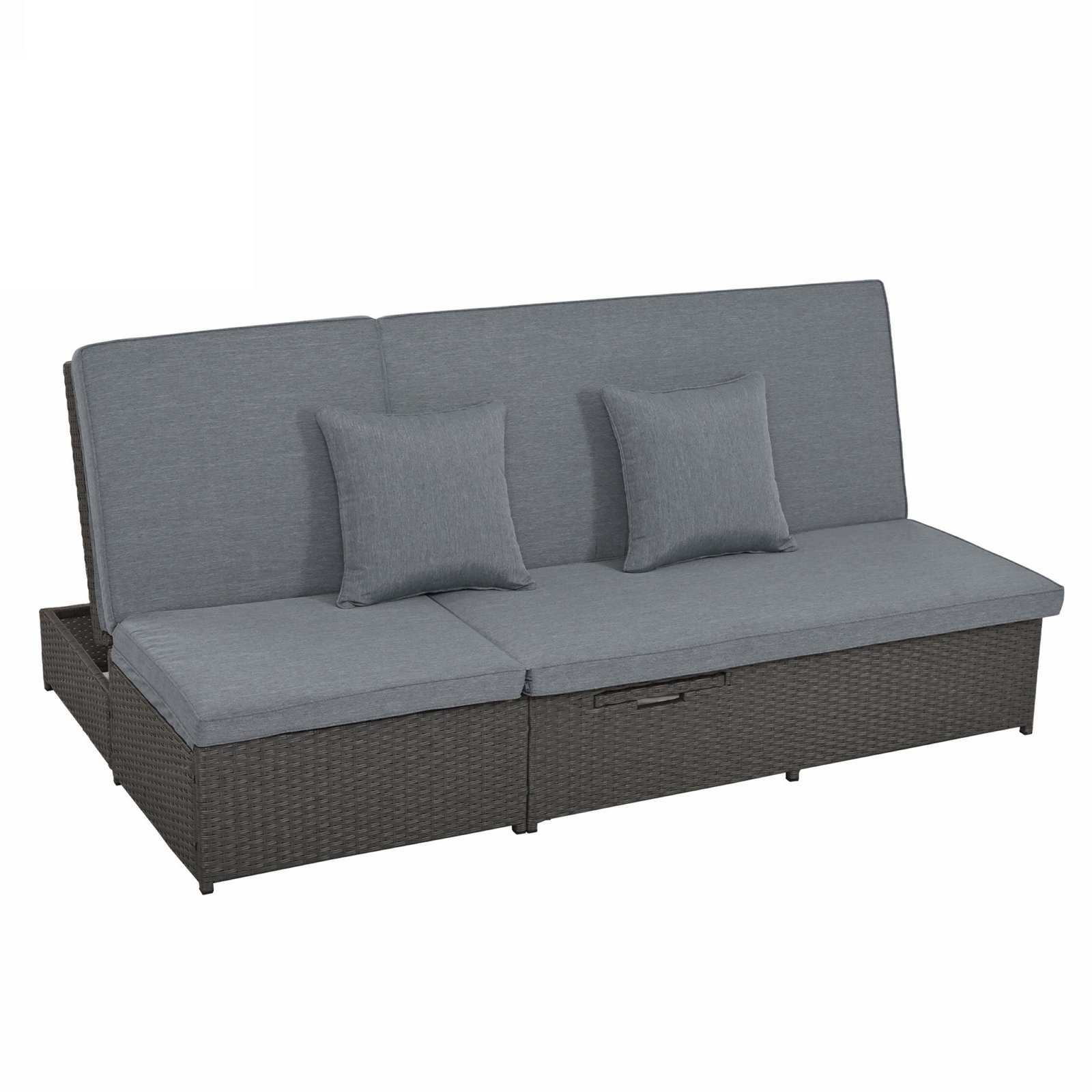 Side view of gray outdoor double sunbed showing the adjustable reclining backrest positions for customized comfort and relaxation.