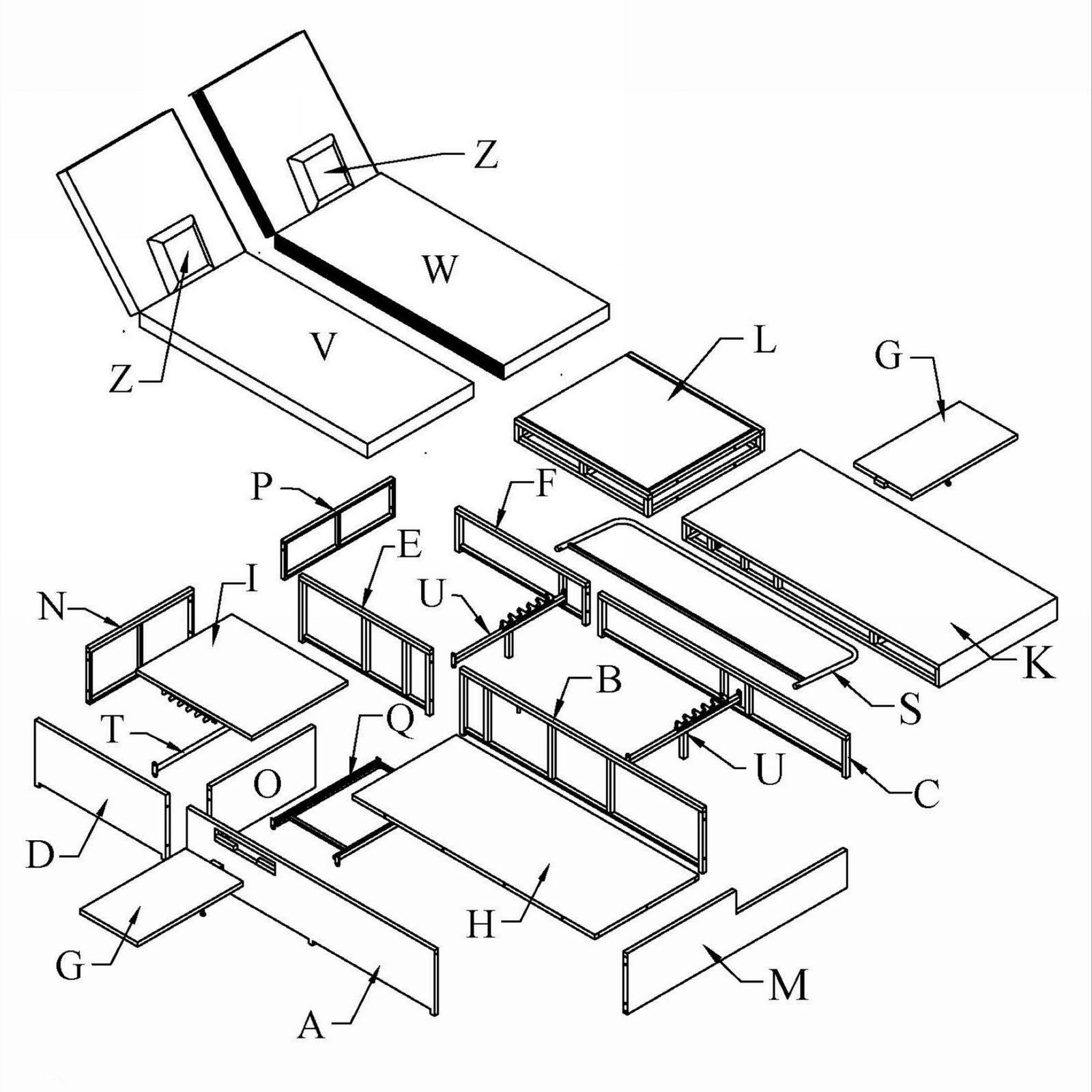 Assembly diagram of gray outdoor double sunbed showing the main components, adjustable backrests, cushions, side cup trays, and hardware for quick setup.