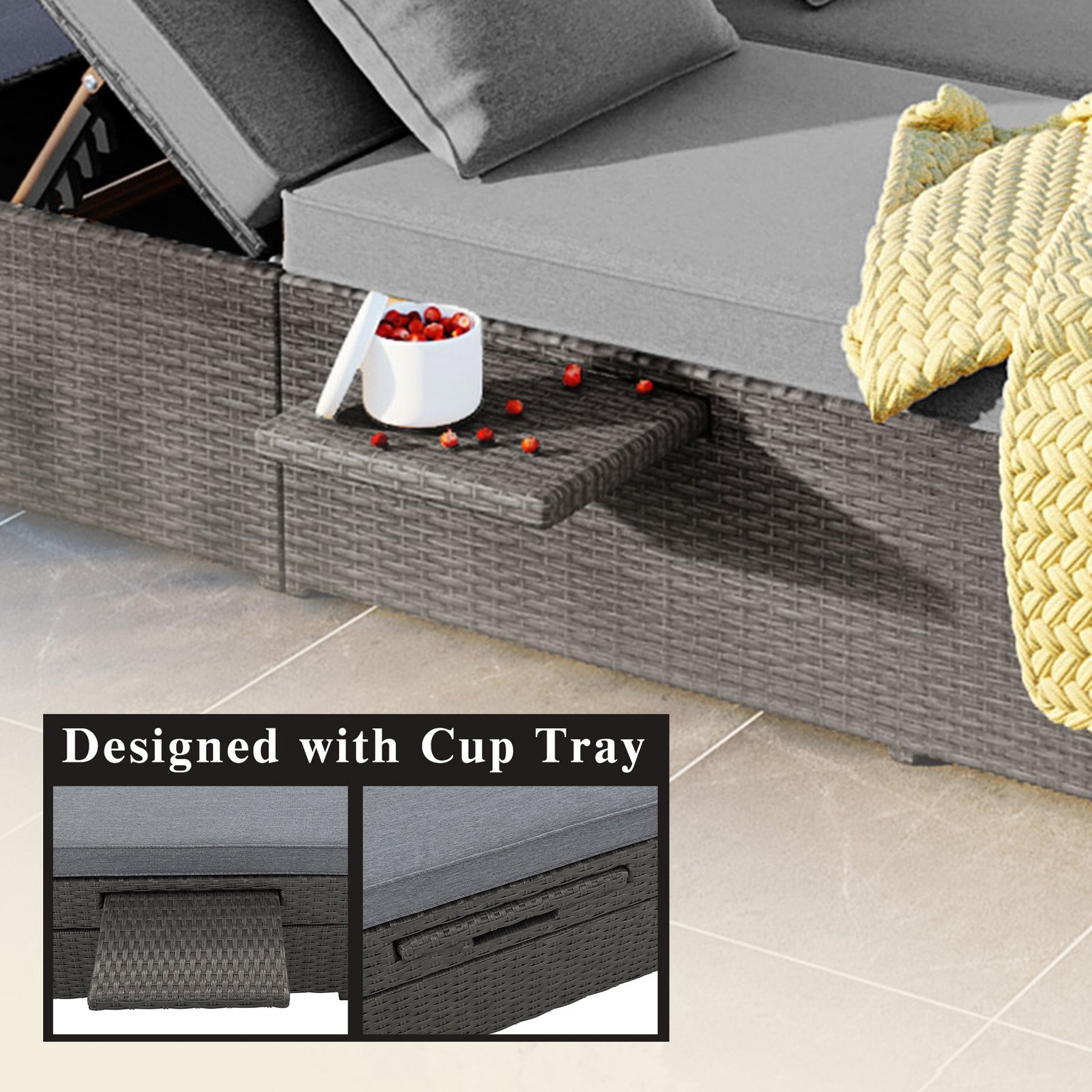Close-up of the built-in cup tray on the gray outdoor double sunbed, designed to keep drinks, phones, and small essentials within easy reach.