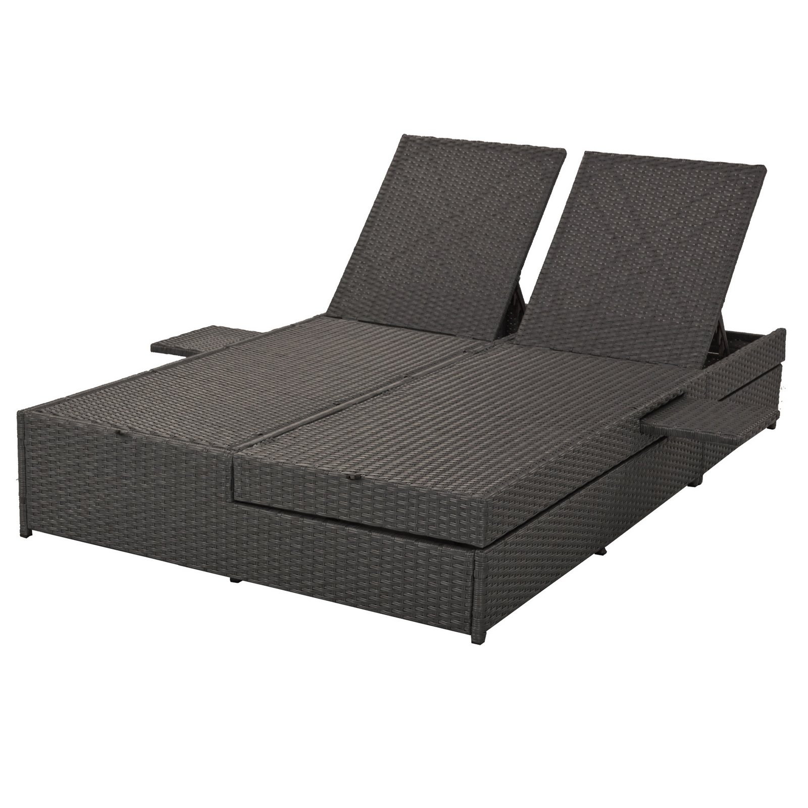 Gray outdoor double sunbed frame without cushions, showing the handwoven PE rattan structure, adjustable backrests, and side cup trays.